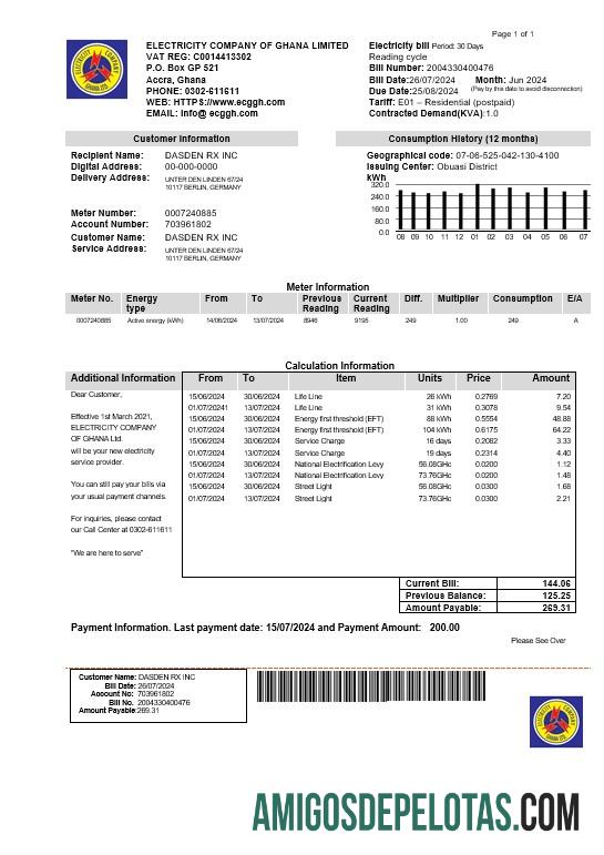 Em branco modelo de conta de serviços públicos da Empresa de Eletricidade de Gana em formatos Word e PDF